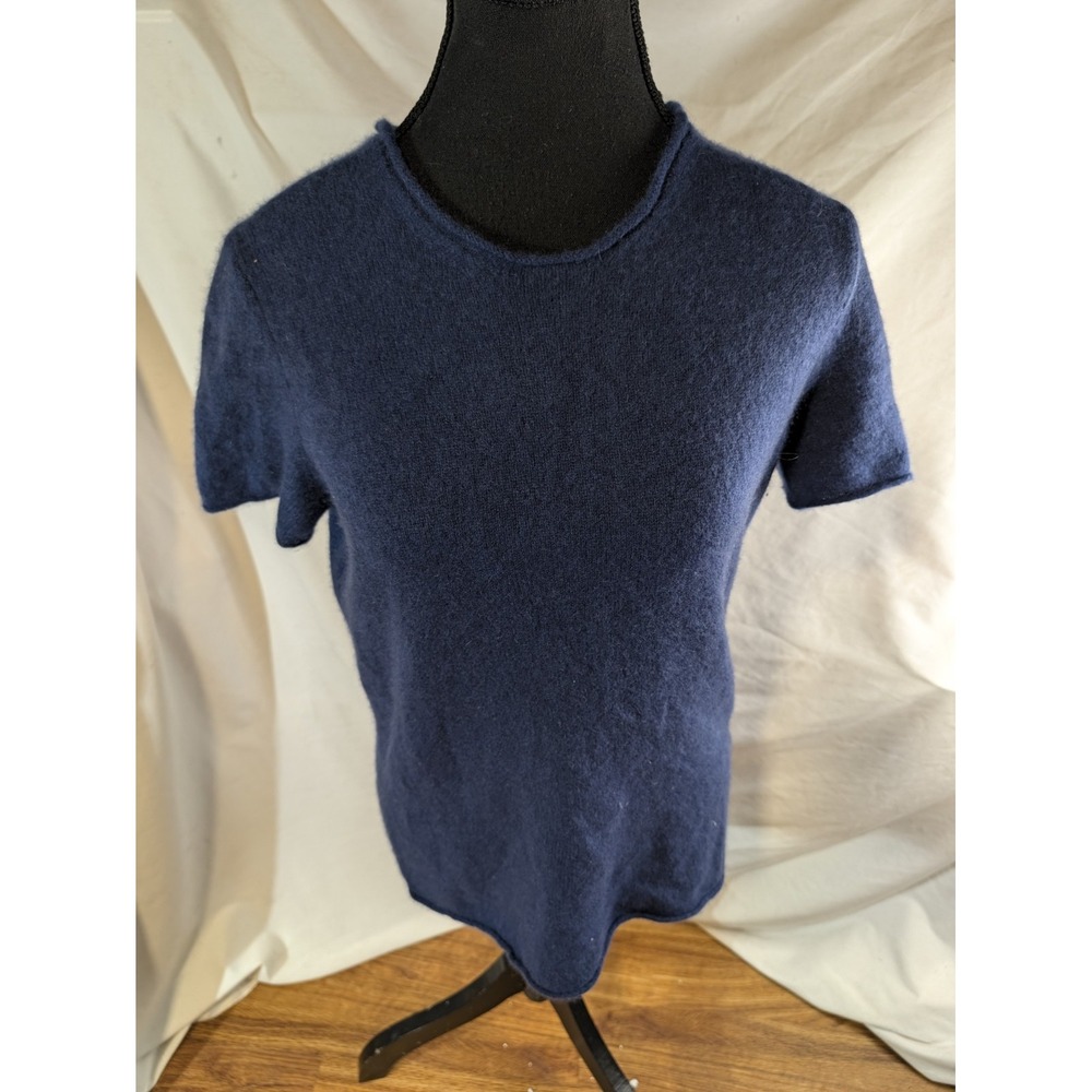 Saks Fifth Avenue Cashmere Crew Neck Short Sleeve Large Navy Sweater Top Preppy